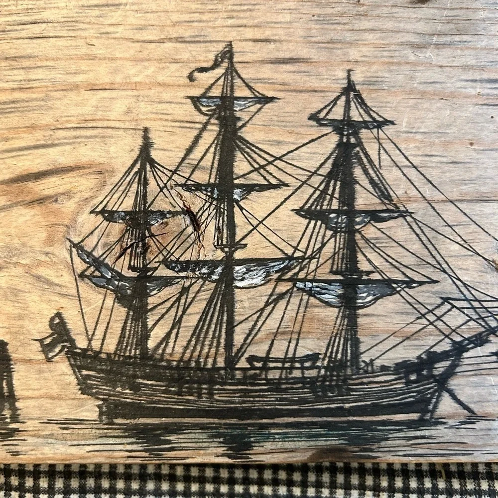 Wooden Plaque with Ship Ink Illustration